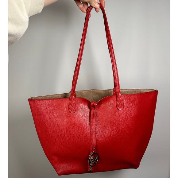BCBG Reversible Faux Leather Red / Tan Logo Tote Bag - Picture 11 of 12
